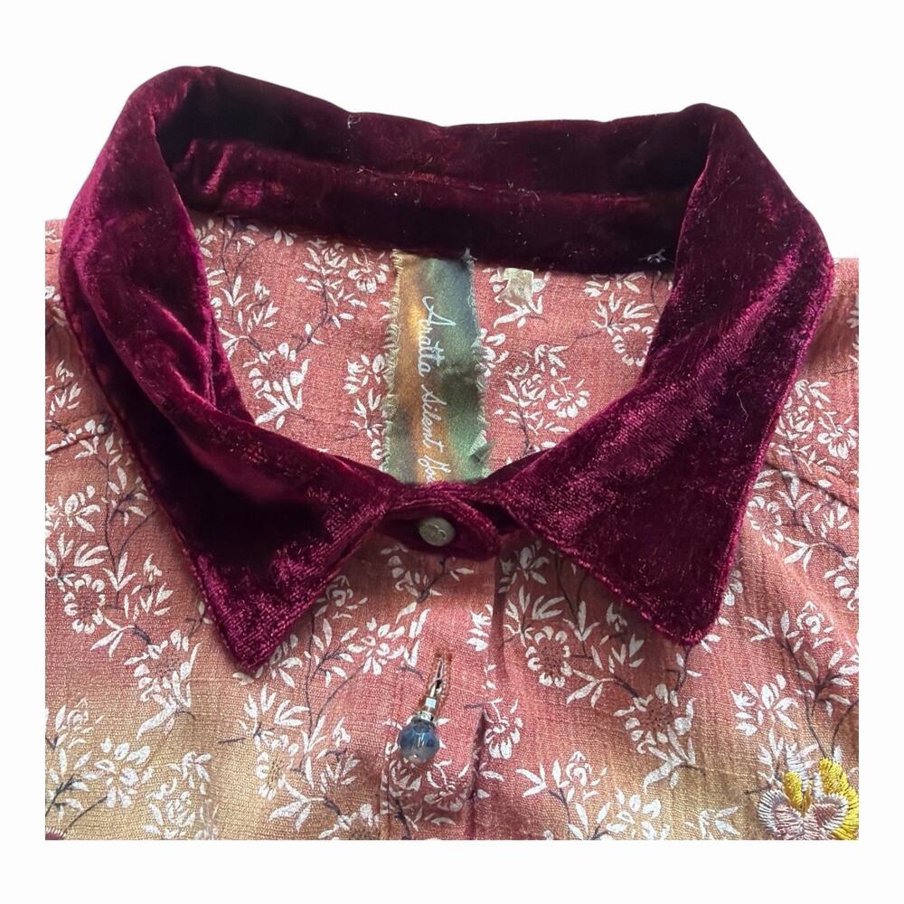 Aratta Silent Journey Tunic Shirt Small Boho Embroidered Velvet Trim Button Up - Picture 12 of 13